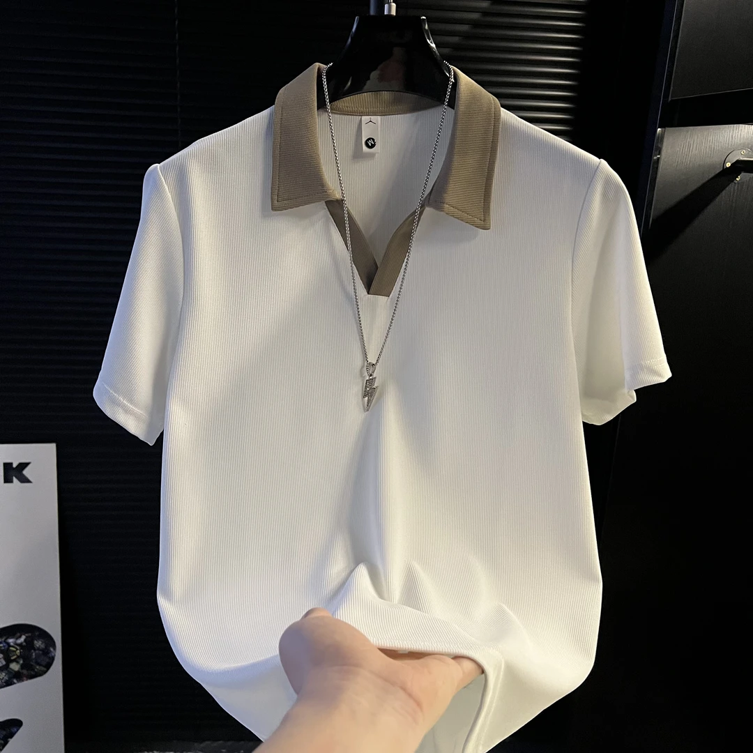 TQ-Polo衫男士夏季薄款精致韩风短袖ins休闲拼接上衣服时尚男装