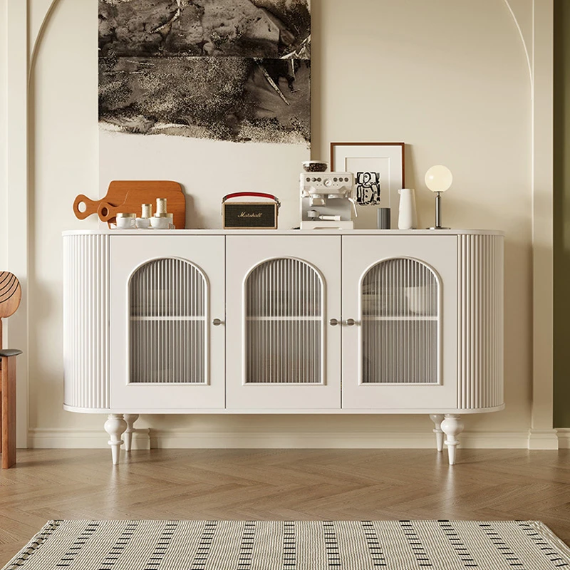 法式奶油风餐边柜客厅实木储物柜餐厅长虹玻璃复古四门柜收纳柜