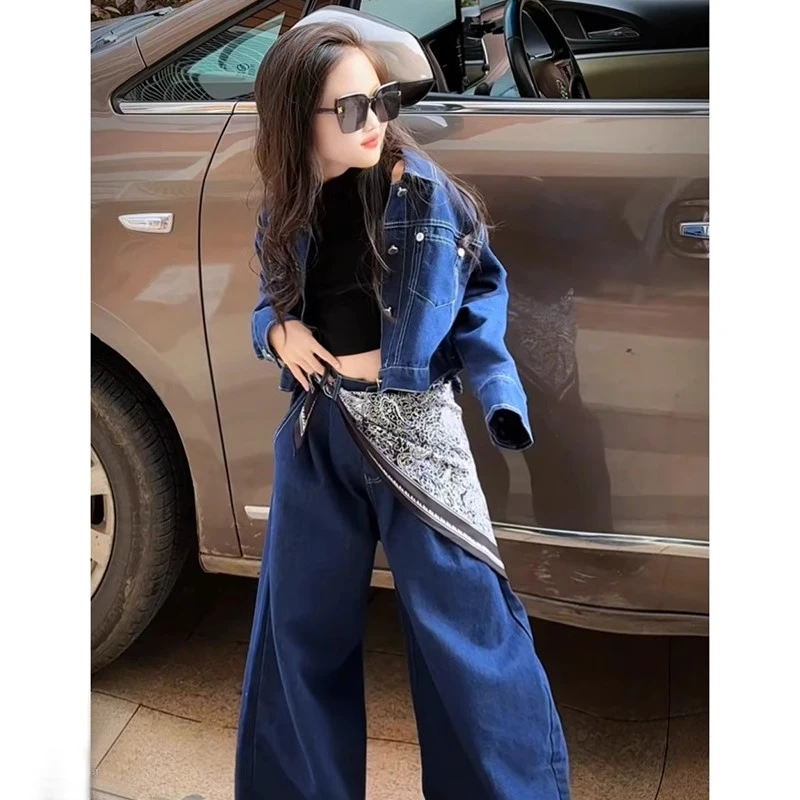 女童春装2025新款洋气春秋款牛仔套装女孩中大童韩版时髦三件套潮