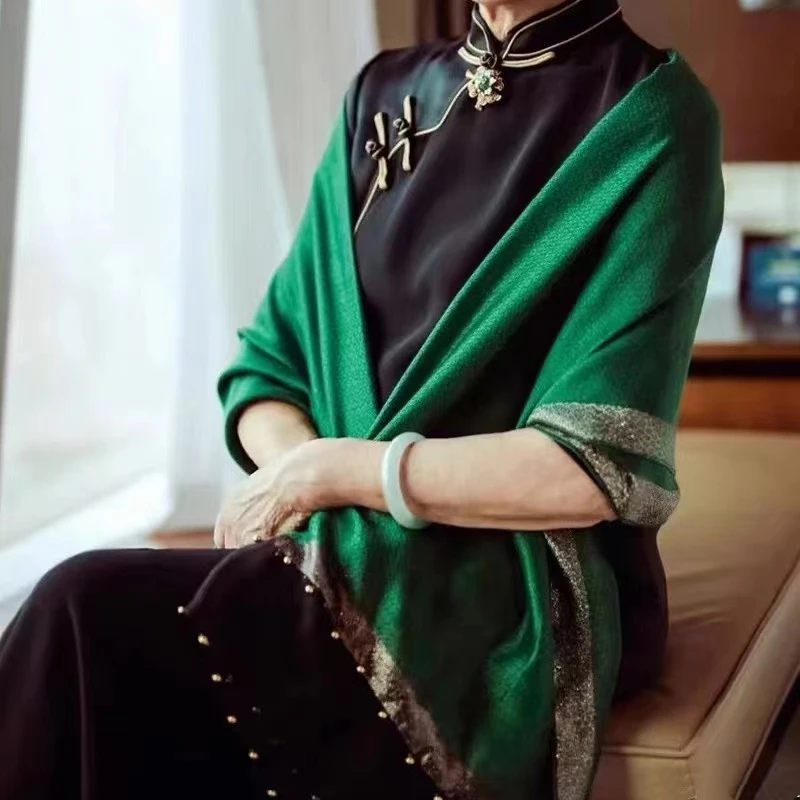 A814 【绿色钉珠】 刺绣桑蚕丝羊毛围巾丝巾披肩通用75*175