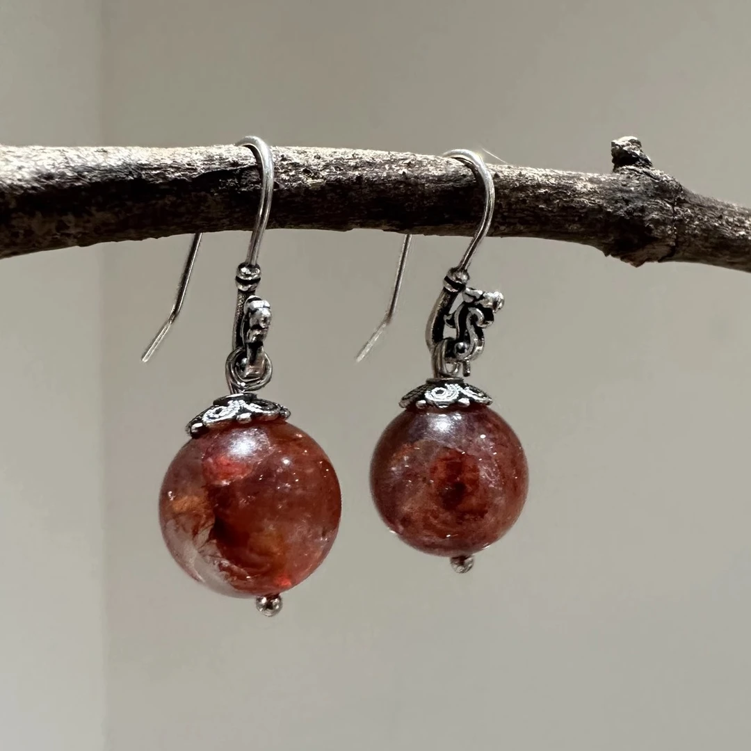 925银耳饰 E25701 红胶花龙凤耳环不对称耳钩新中式复古银饰耳环