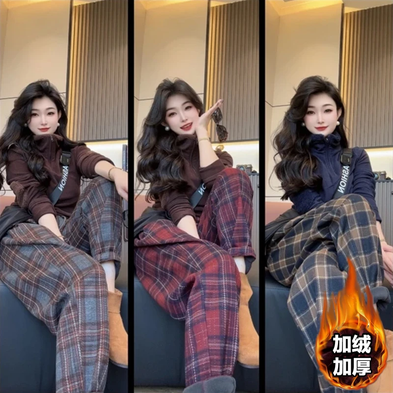 加绒加厚欧韩版复古简约格子毛呢显瘦哈伦裤女秋冬宽松高腰休闲裤