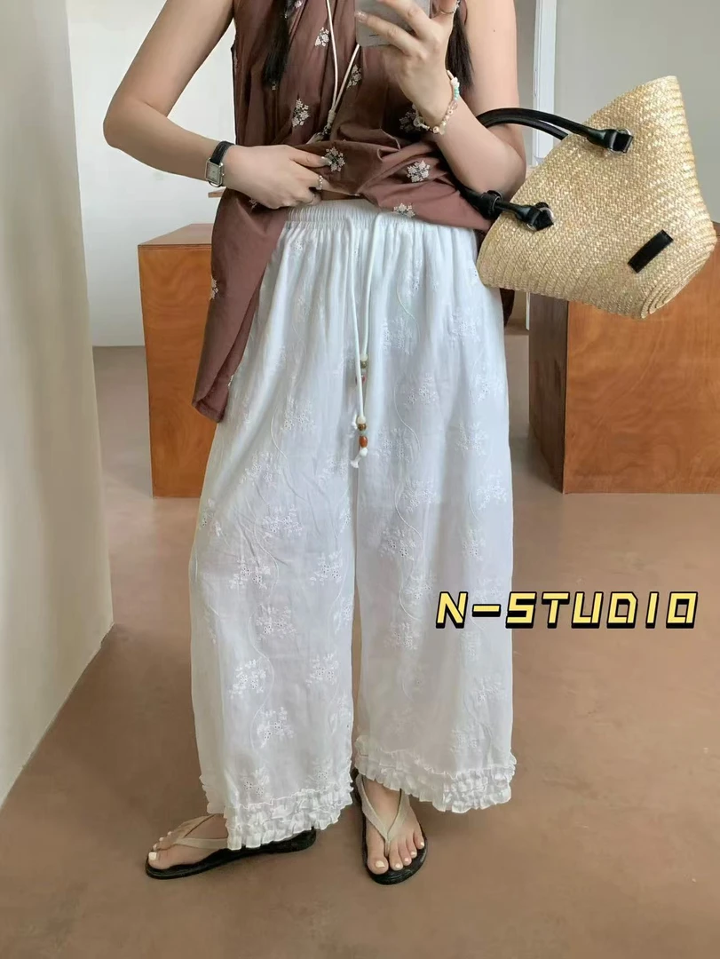 【纯熙+】F3733夏季新款镂空提花带内衬直筒休闲裤女韩版立体花边