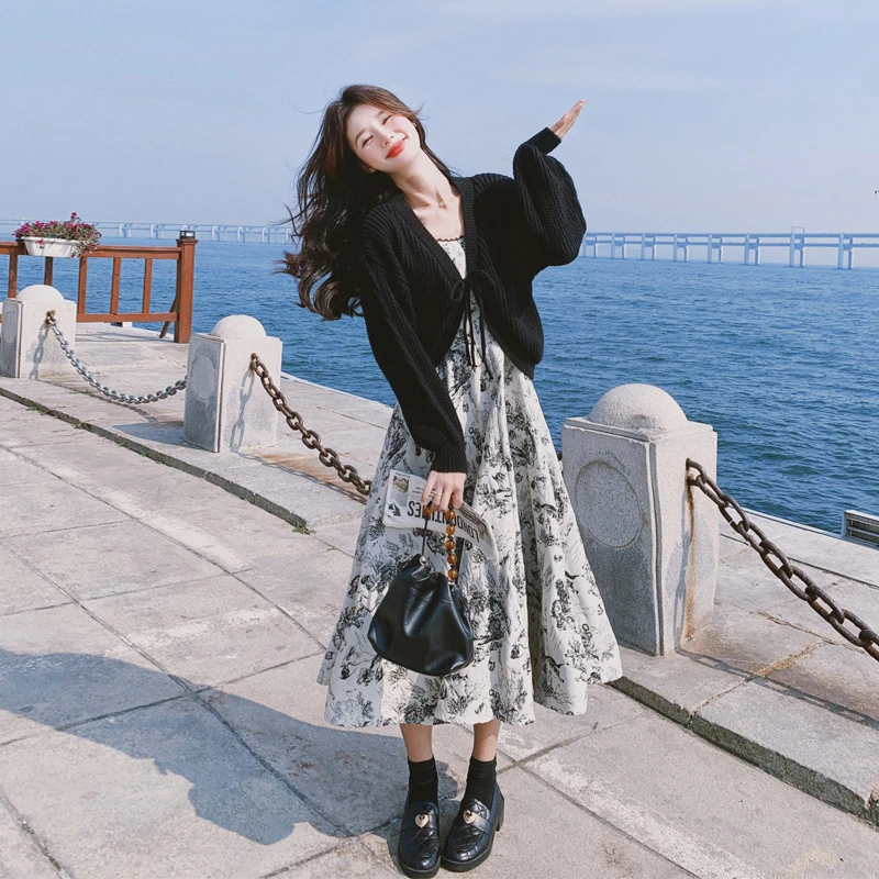法式复古针织披肩碎花吊带裙2025春秋新款优雅气质轻熟风显瘦套装