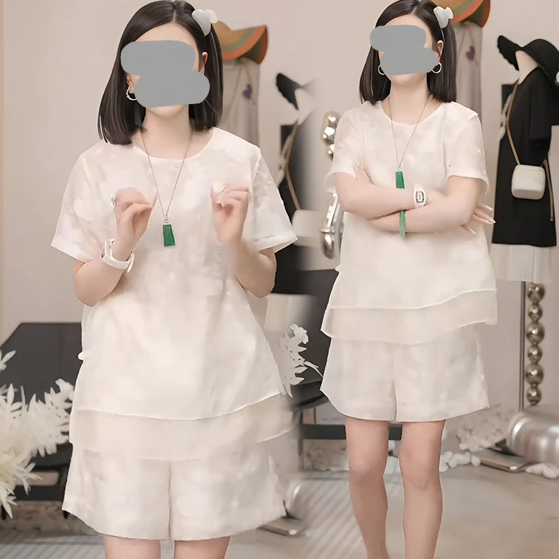 2025夏季新款简约洋气提花圆领短袖t恤显瘦气质优雅短裤两件套潮