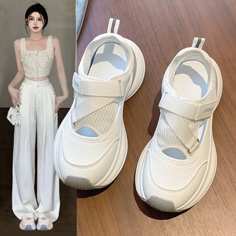 大东霞真皮运动凉鞋女2025新款网红夏季魔术贴镂空透气休闲老爹鞋