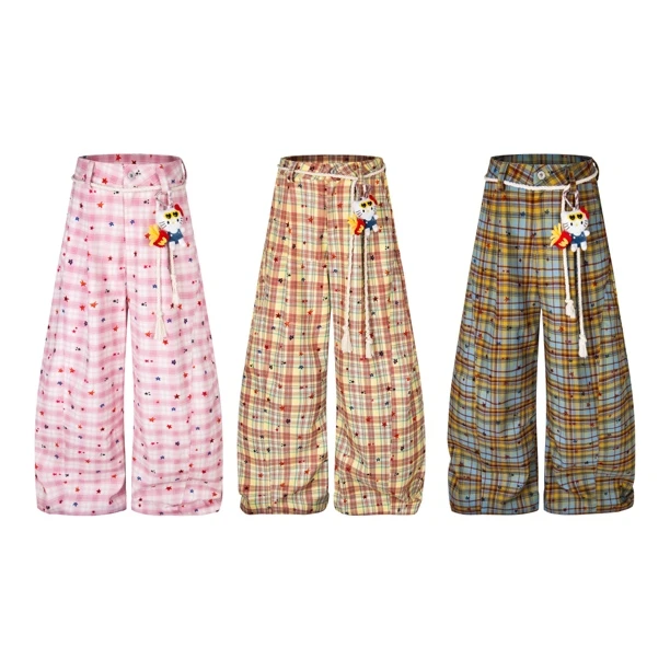 UPPUR 美式复古格子拼色休闲裤男女夏季薄款直筒宽松弯刀裤