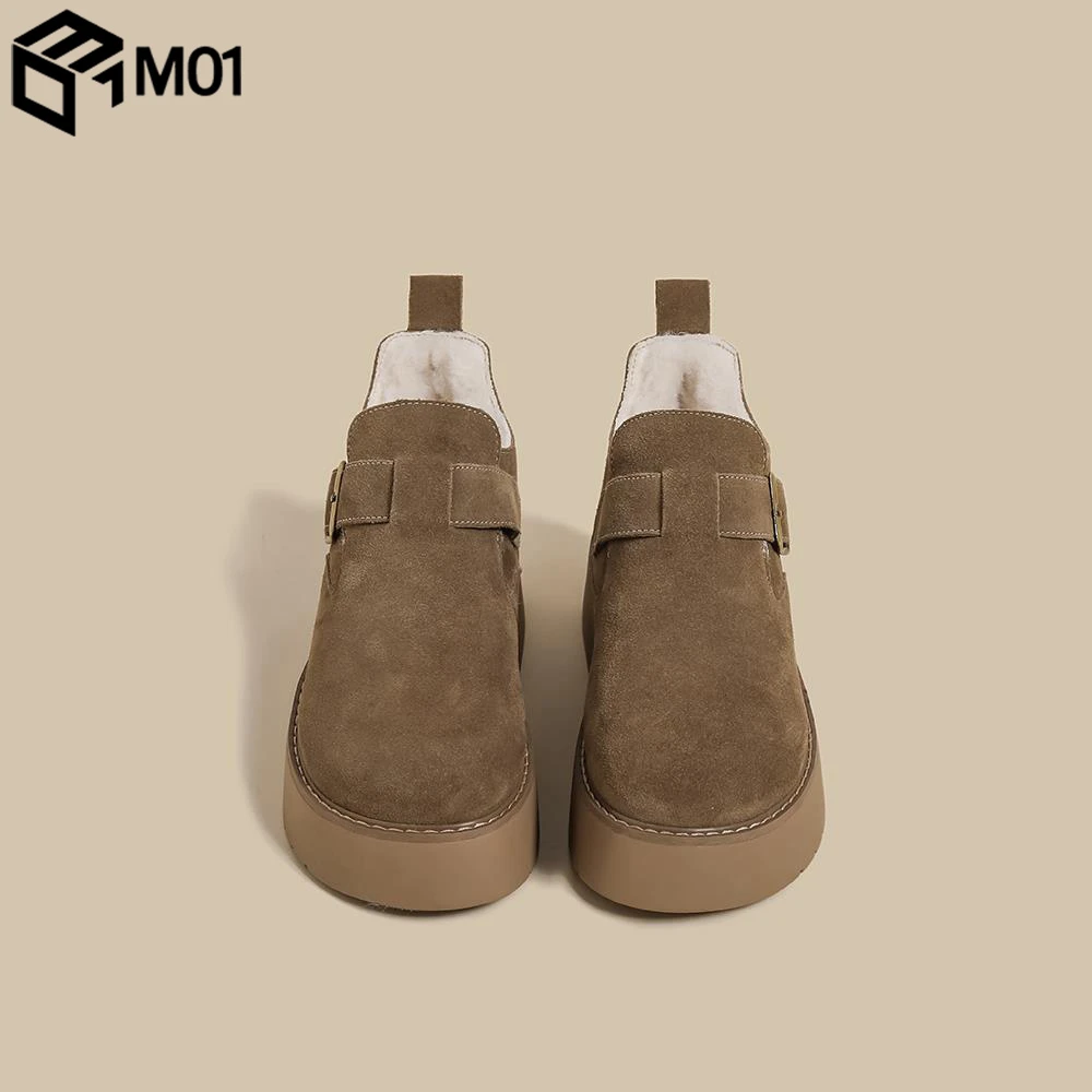 M01加绒勃肯鞋女2025新款百搭复古增高保暖厚底松糕乐福小皮鞋