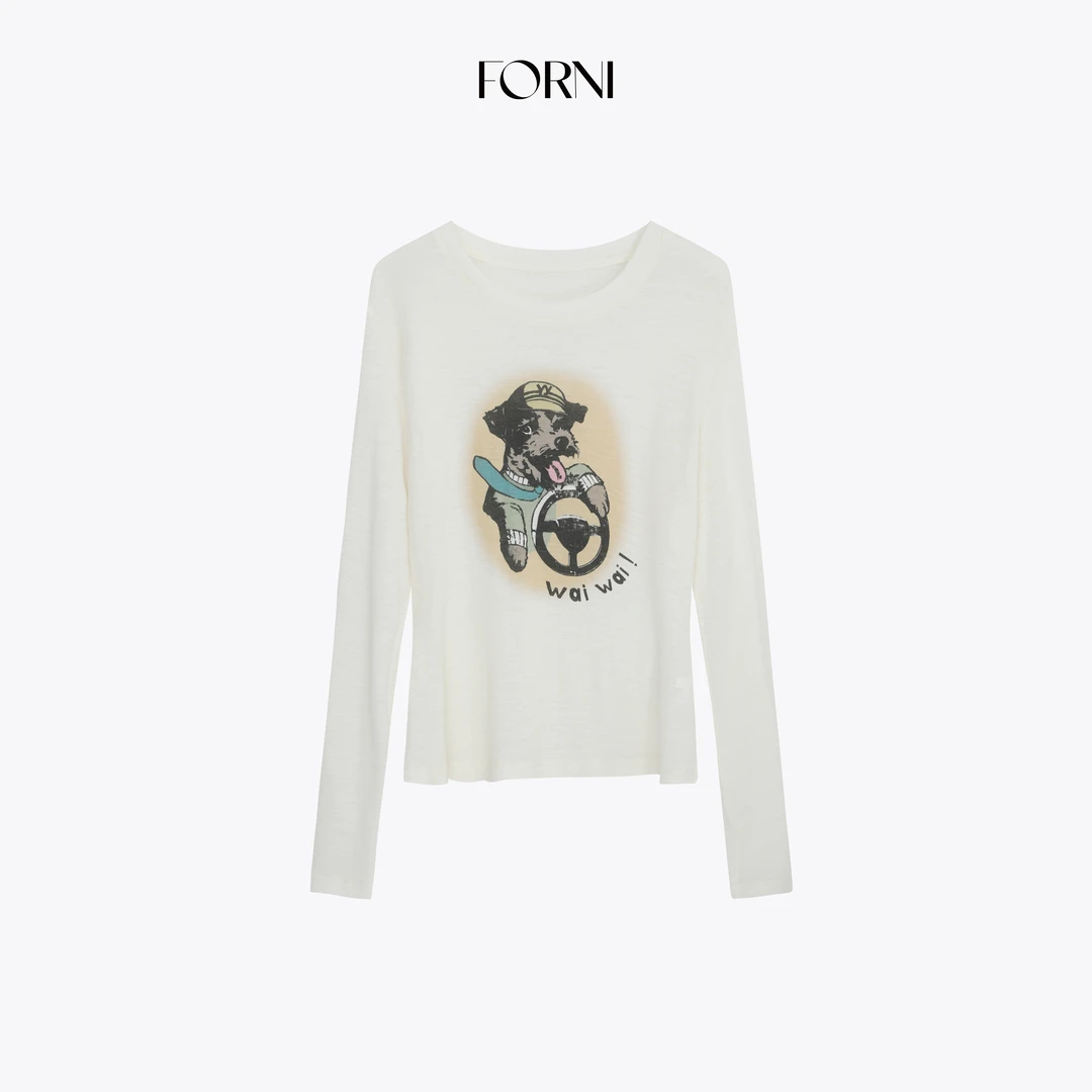 FORNI 萌物暴击 漫画方向盘小狗印花微透舒弹羊毛长袖打底T恤