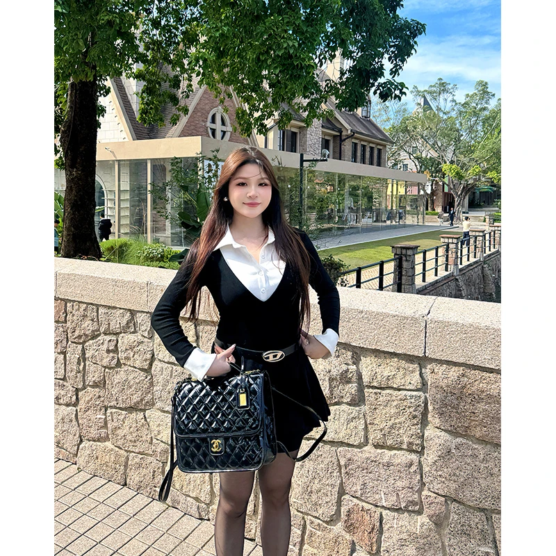 【辣辣专属】学院风假两件设计感衬衫拼接针织连衣裙子显瘦收腰遮肚