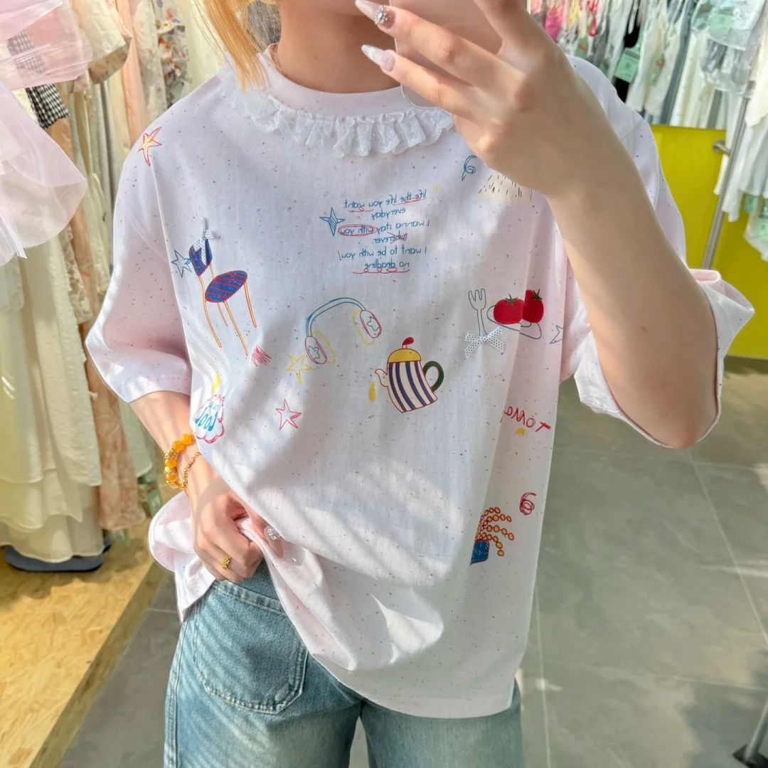 【济州岛】蕾丝花边拼接领设计撒点印花短袖