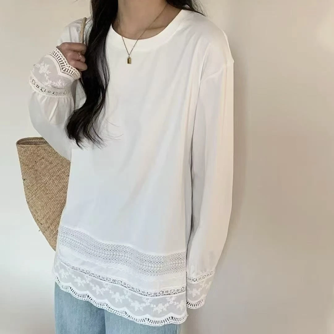 伟丽店3044款【 镂空摆长袖T】 春款镂空钩花白色打底长袖T