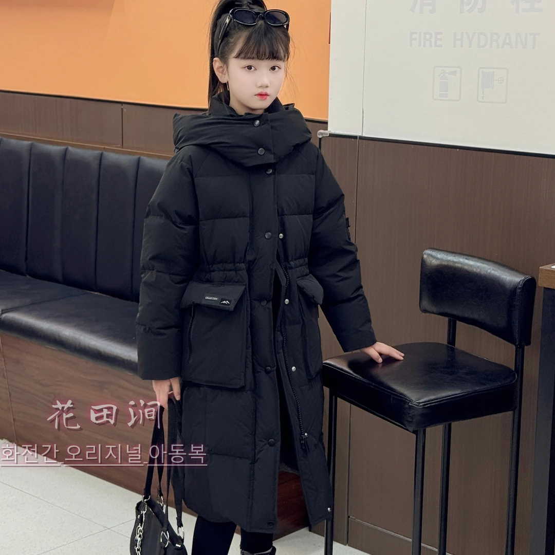 童装女童外套2025冬季新款儿童中大童洋气中长款黑色白鸭绒羽绒服
