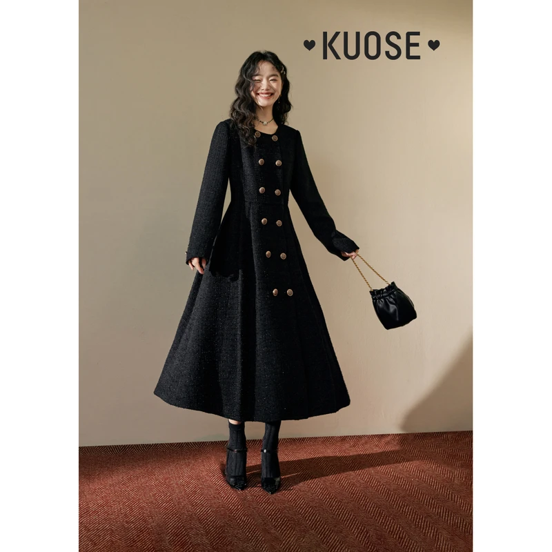 阔色小香风连衣裙女2024秋冬新款双排扣中长款收腰裙子KSB2311011