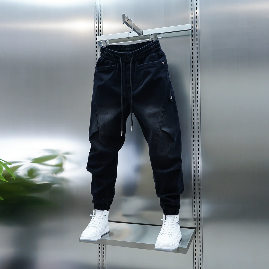 潮流男士宽松束脚休闲裤韩版松紧腰拼接束脚裤INS潮渐变哈伦裤