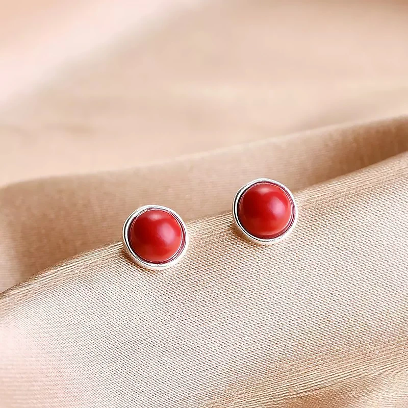 足银树脂耳饰 S999足银中国红螺丝耳钉女小众设计耳环红色新年