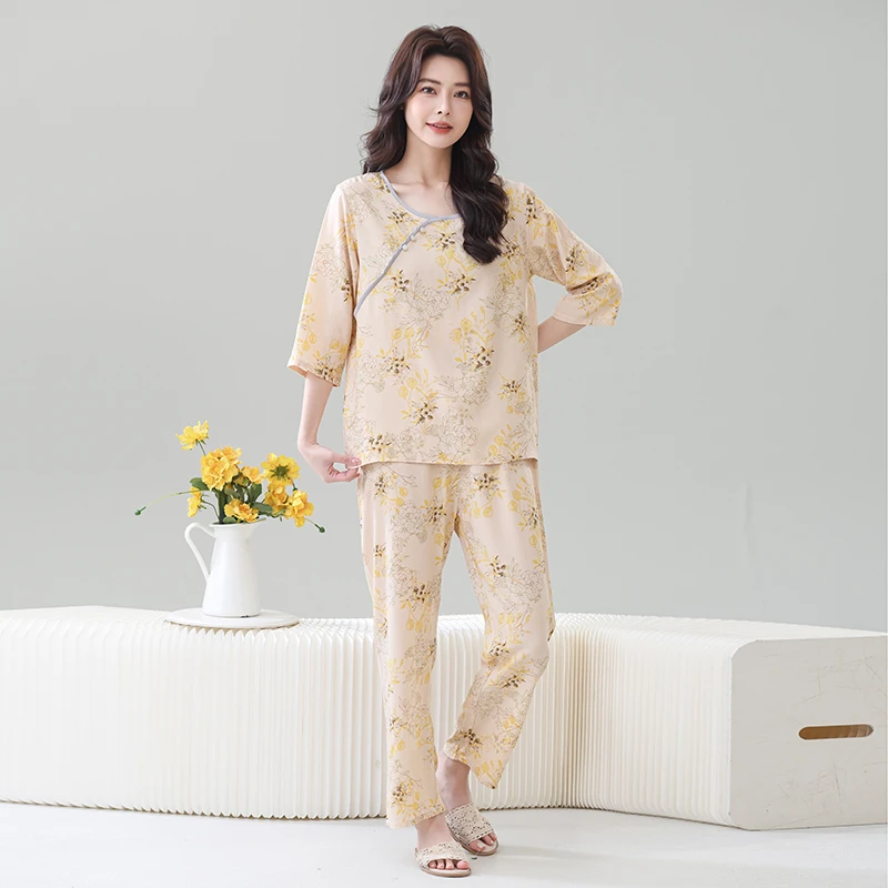 2025夏季新款绵绸睡衣女套装新中式居家服夏天空调服国风款睡衣可