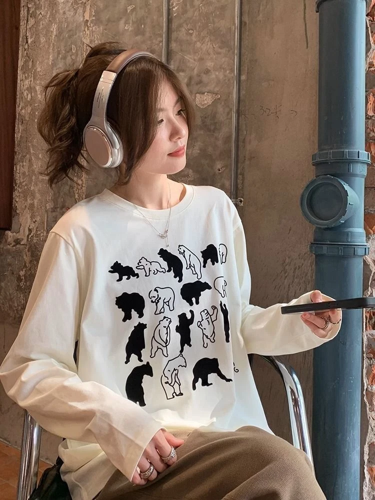 纯棉长袖t恤女宽松显瘦洋气小众休闲百搭气质减龄春秋季打底上衣