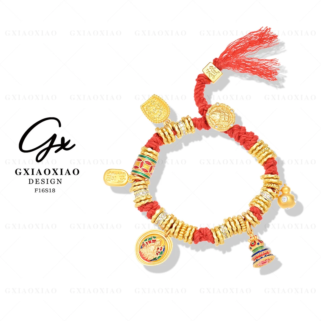 铜合金合成锆石手链 镀K金 中式气质红绳盘缠手链 F16S18