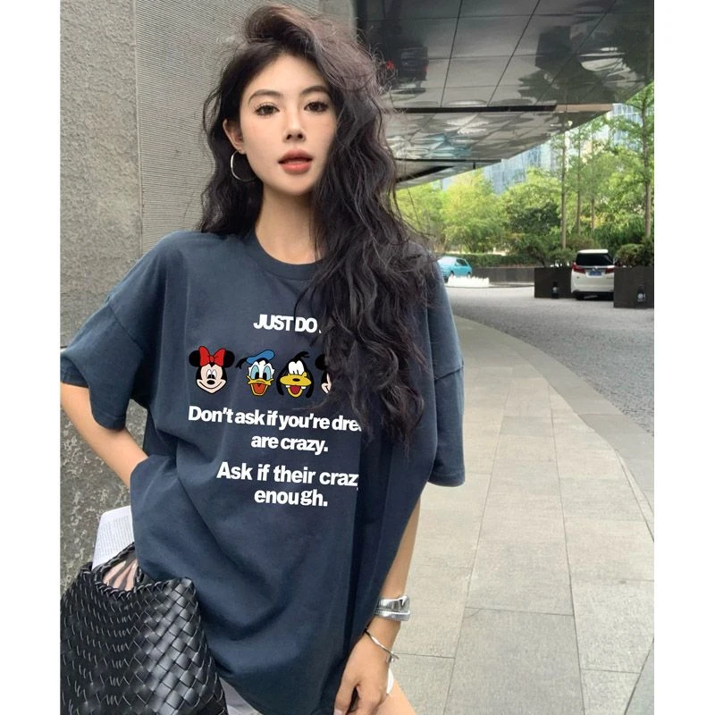 港风ins纯棉短袖t恤韩版休闲宽松大码女装夏装米奇卡通上衣情侣装