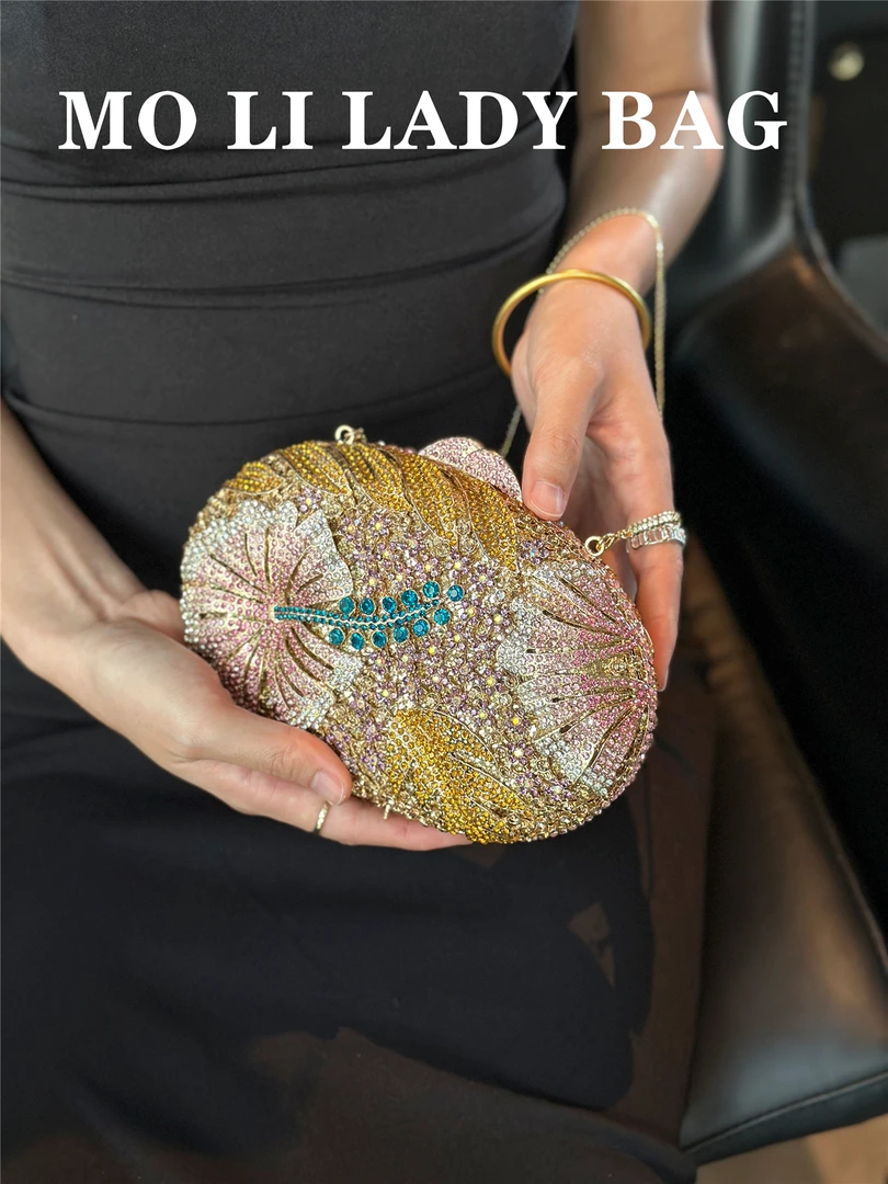高级感法式轻奢镶钻花瓣彩色满水钻圆形闪亮旗袍包晚宴派对手拿包