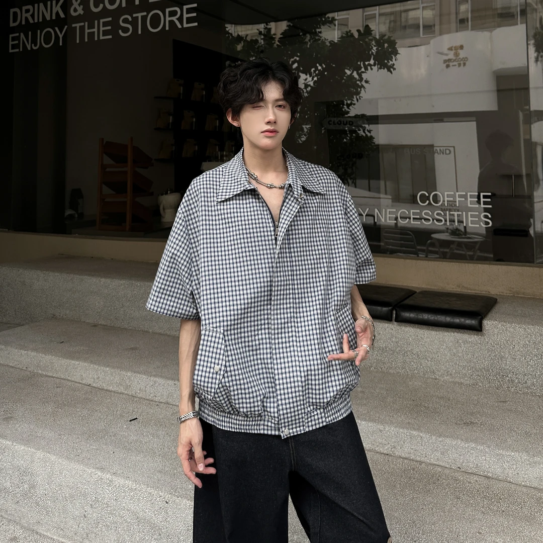 格子纯棉短袖衬衫男款夏季慵懒风小众设计感防晒情侣半袖外套上衣