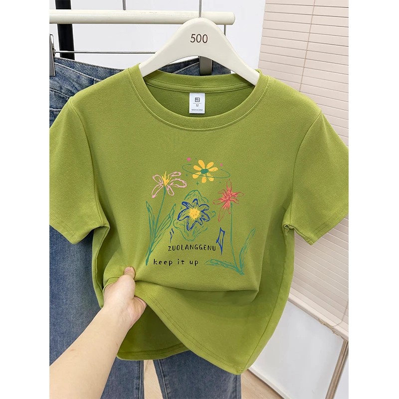 绿色正肩圆领短袖t恤女夏季2025新款独特别致大码休闲半袖上衣ins