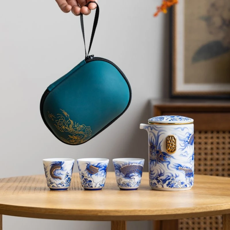 C282 龙年旅行茶具套装便携式快客杯一壶三杯中国风礼品商务伴手