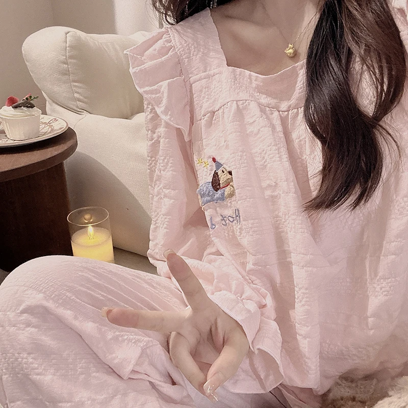 日系粉色飞袖腊肠狗睡衣女春秋季2025新款带胸垫家居服长袖长裤款