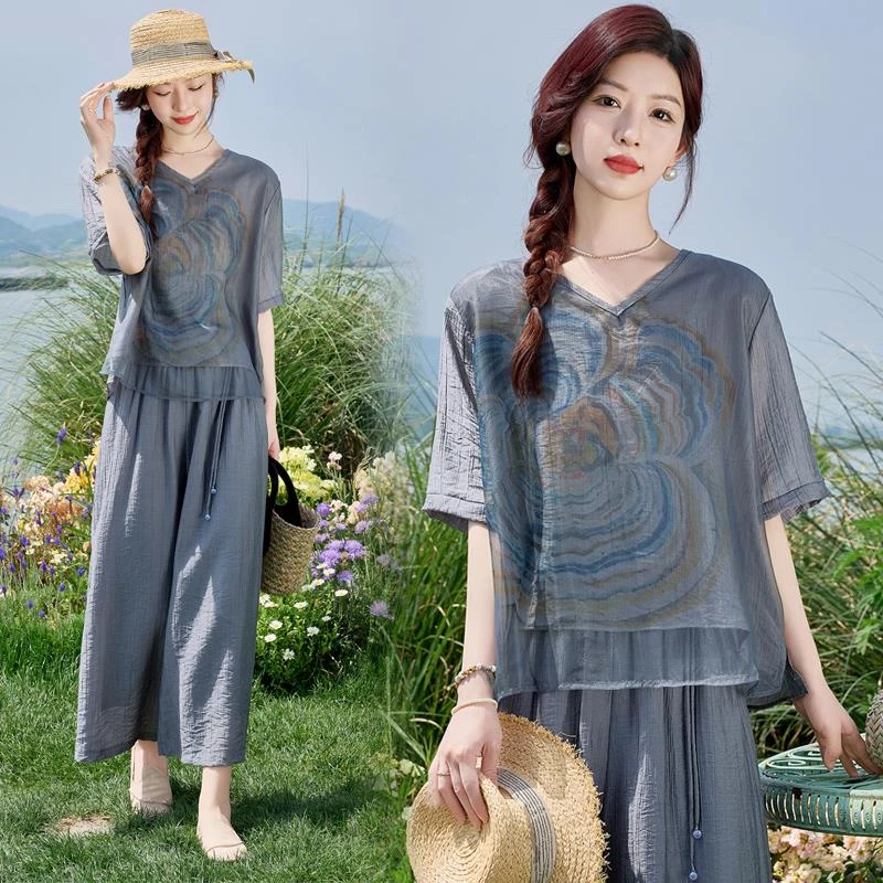 休闲时尚套装女2025新款夏装穿搭一整套印花阔腿裤