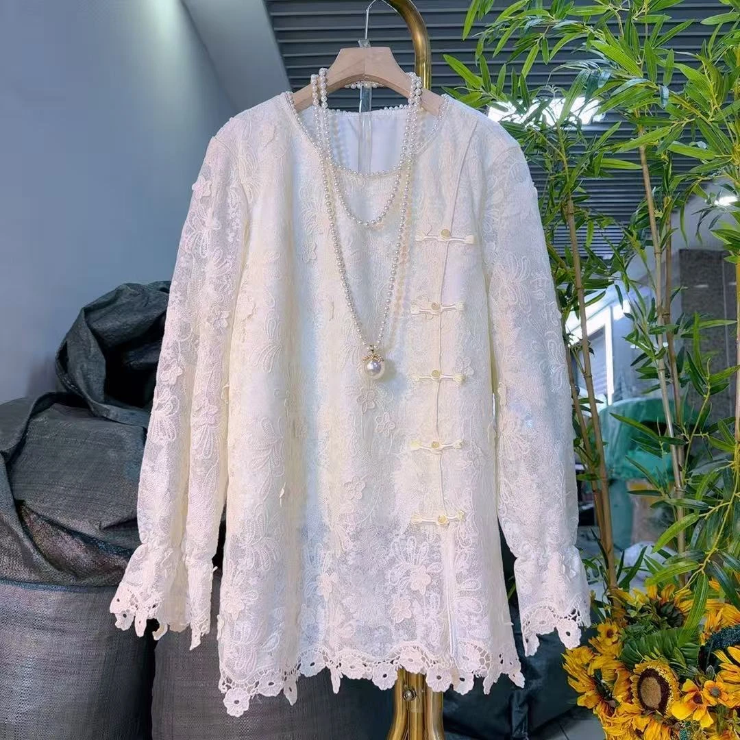 秋冬新款胖MM大码新中式国风盘扣蕾丝衫遮肉显瘦百搭长袖上衣