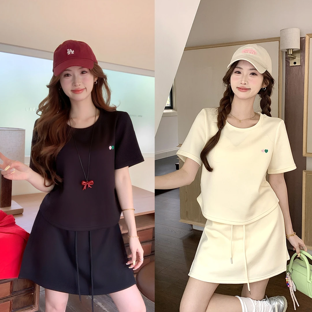 2025夏季新款胖mm大码女小个子休闲套装短袖t恤半身裙两件套64231