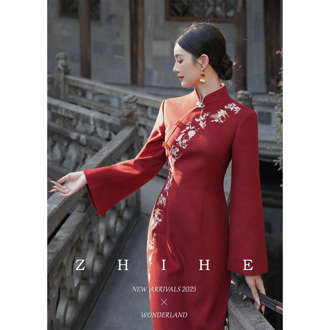 无艳一禾【燕尔】国风原创重工绣花绵羊毛旗袍冬季连衣裙