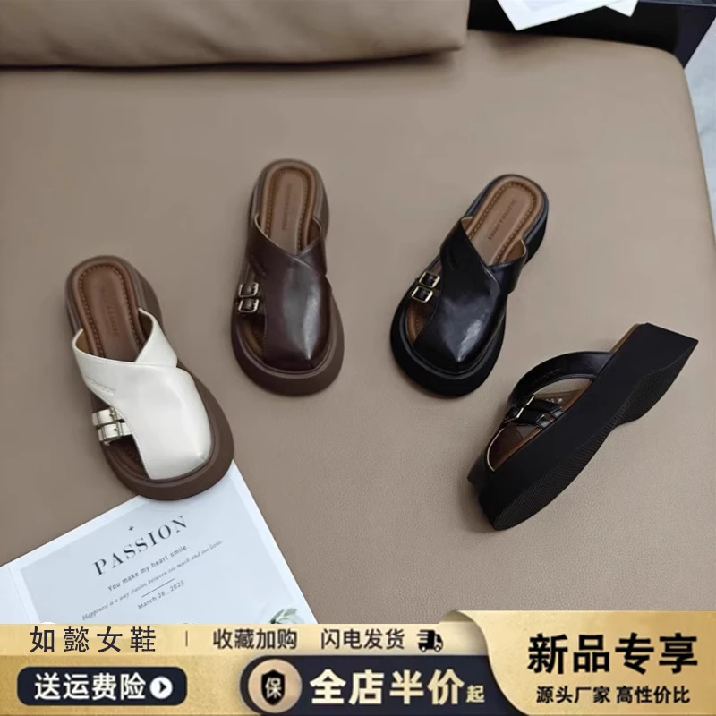 新百伦百搭复古包头半拖鞋女夏外穿2025增高厚底凉拖鞋沙滩罗马鞋