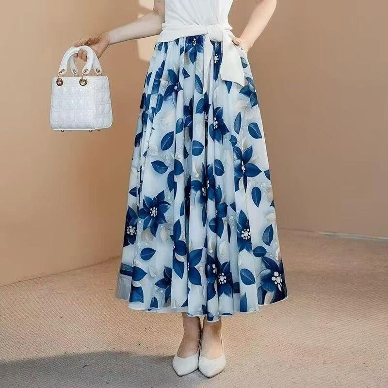 夏季铃兰春语碎花印花雪纺半身裙春夏2025新款大摆显高腰长裙