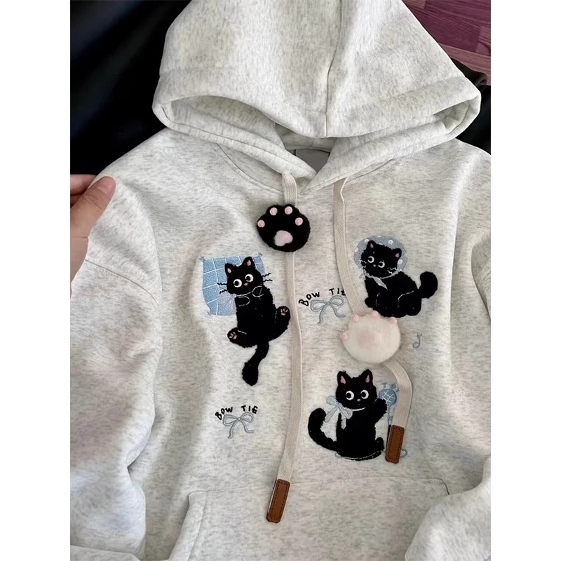 美式复古可爱小猫刺绣连帽长袖卫衣女秋冬慵懒风宽松显瘦加绒上衣