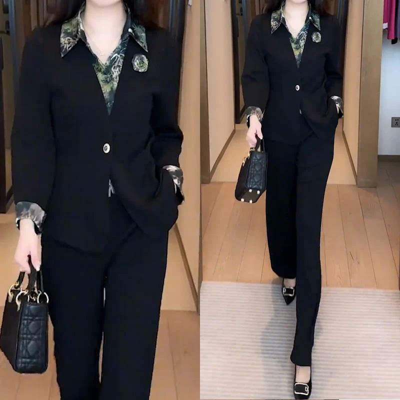 时尚洋气高级感假两件上衣直筒裤套装2025春季新款百搭显瘦两件套