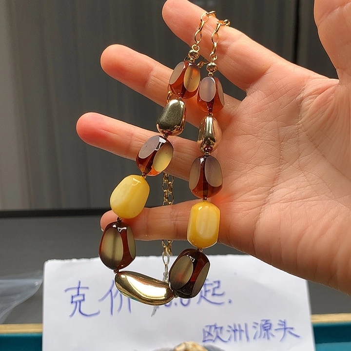 银S925镶嵌颈饰琥珀波兰设计款琥珀蜜蜡