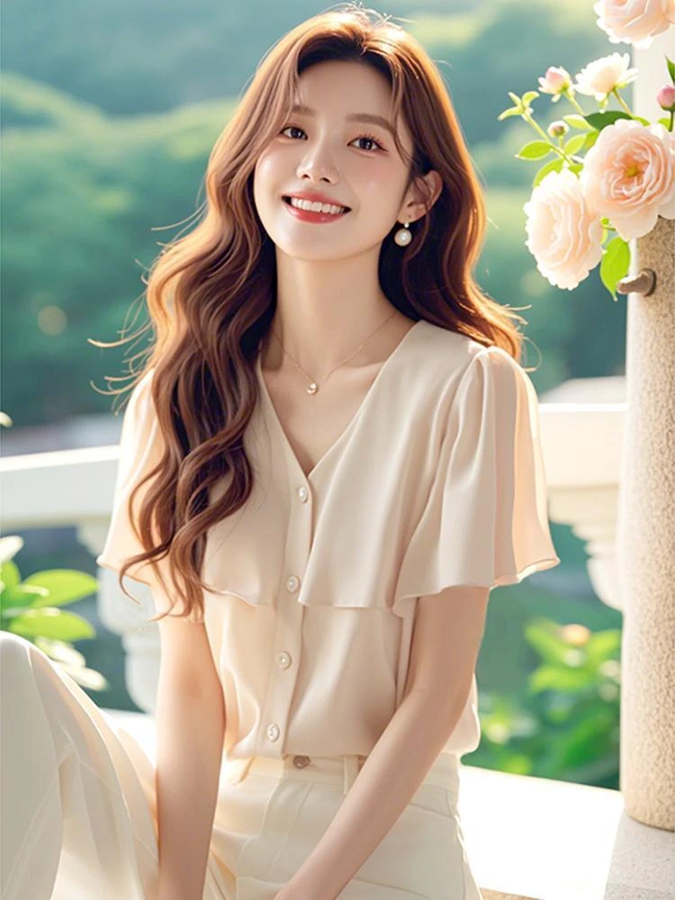 法式独特绝美小上衣荷叶边设计感米白色V领短袖雪纺衬衫女式夏款