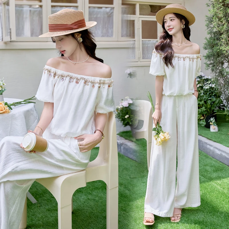 2025夏季新款重工艺百搭休闲夏季设计精美别致绝色棉麻套裤两件套