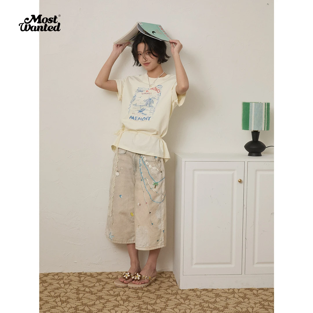 MostWanted5.11夏威夷珍珠蕾丝冷转移印花仿牛仔七分裤