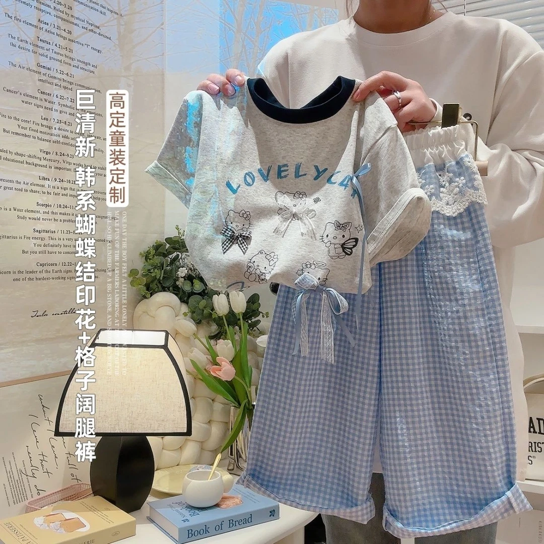 套装女童时尚甜美卡通小猫花边格子裤清新两件套2025夏季上衣裤子