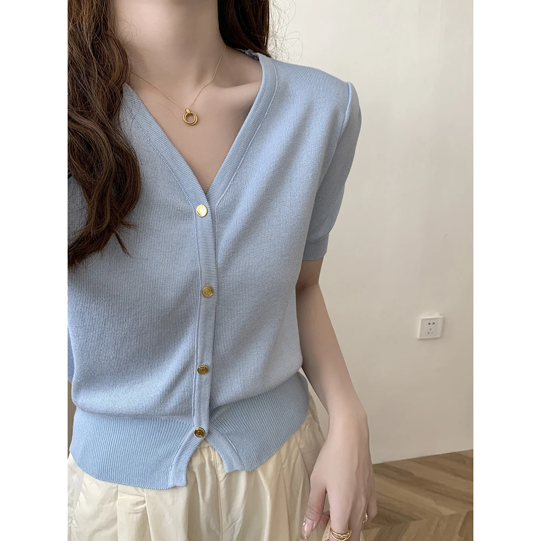 小香风V领灯笼袖针织开衫女短袖夏季薄款气质修身显瘦短款上衣