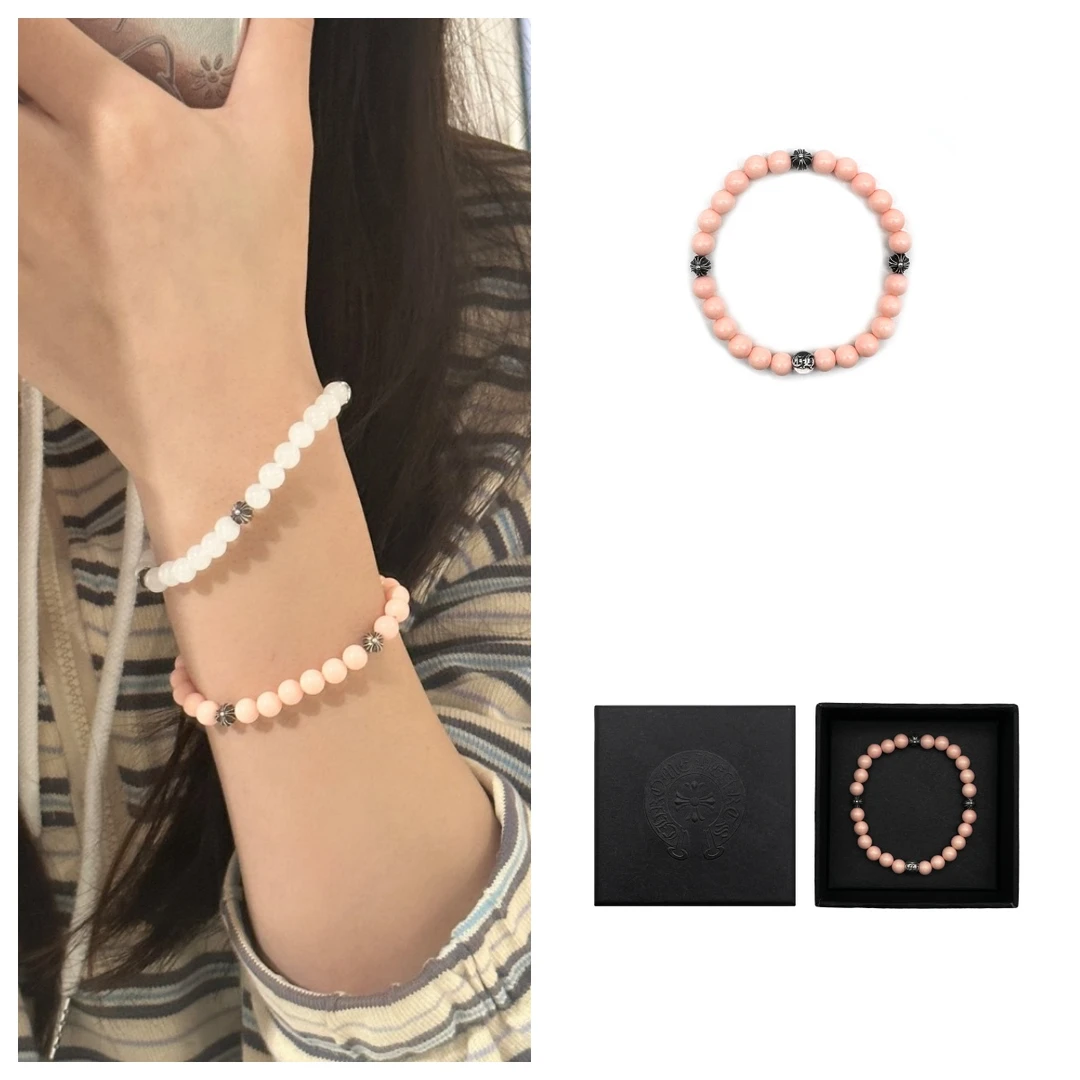 925银手链 Chrome Hearts 克罗心 6mm粉贝十字四银手链 手串
