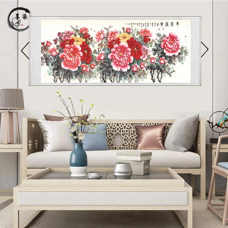 《花开富贵》牡丹图精裱横轴山水靠山图高端茶室办公室客厅装饰画D8