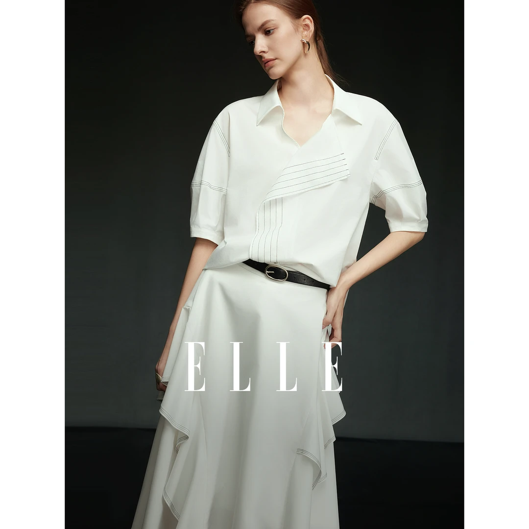 ELLE法式灯笼袖荷叶边衬衫女2025夏季新款优雅独特EM51739