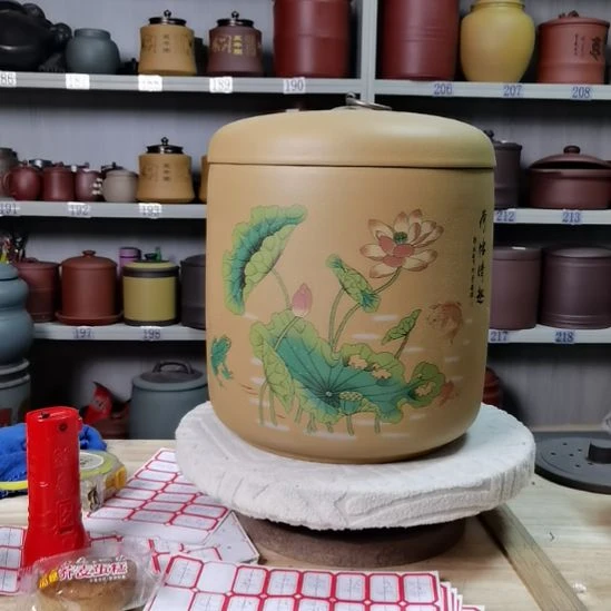 紫砂茶叶罐八饼装茶叶罐荷花052