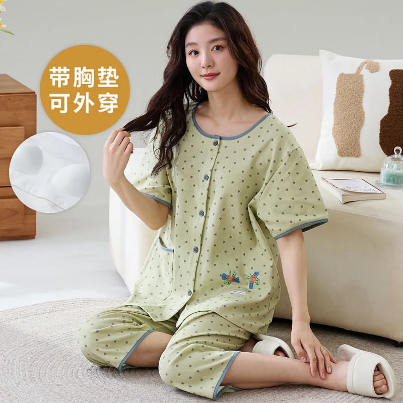 夏季胖MM短袖睡衣套装200斤七分裤家居服夏天开衫韩版休闲可外穿