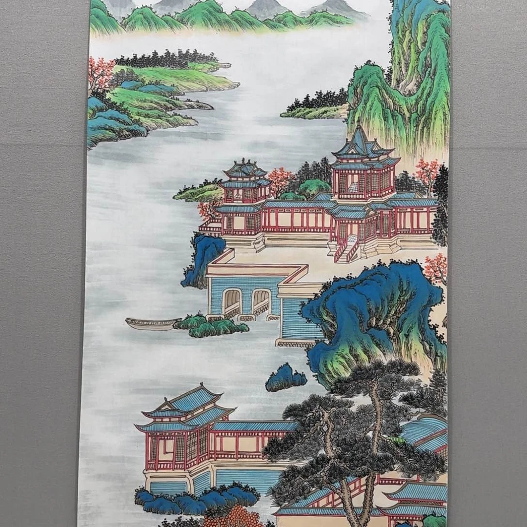 国画竖幅四尺工笔楼阁图贾敏