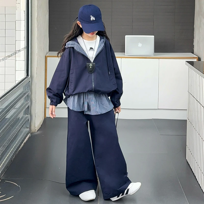 【嘻嘻柚】女童春秋款韩系休闲套装2025新款连帽外套拼格子阔腿裤潮